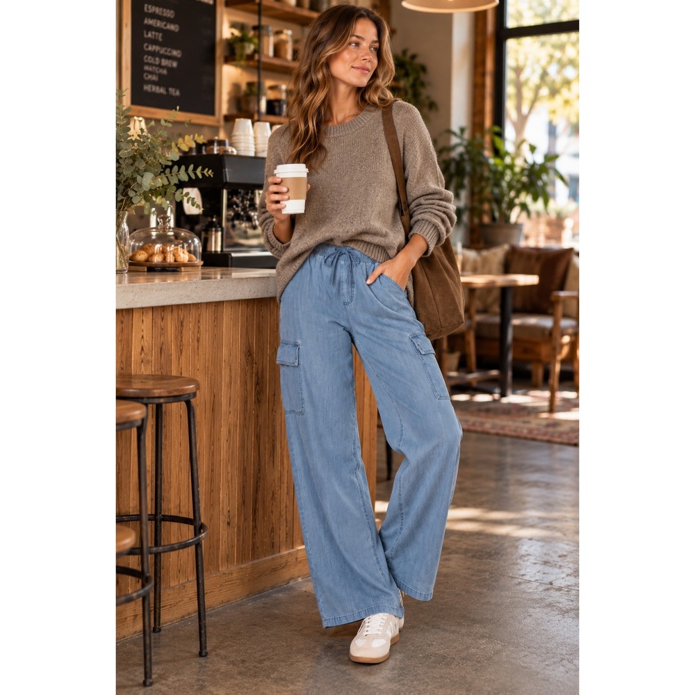 Social Standard by Sanctuary Blue Chambray Wide Leg Cargo Pants Large XP9291R4